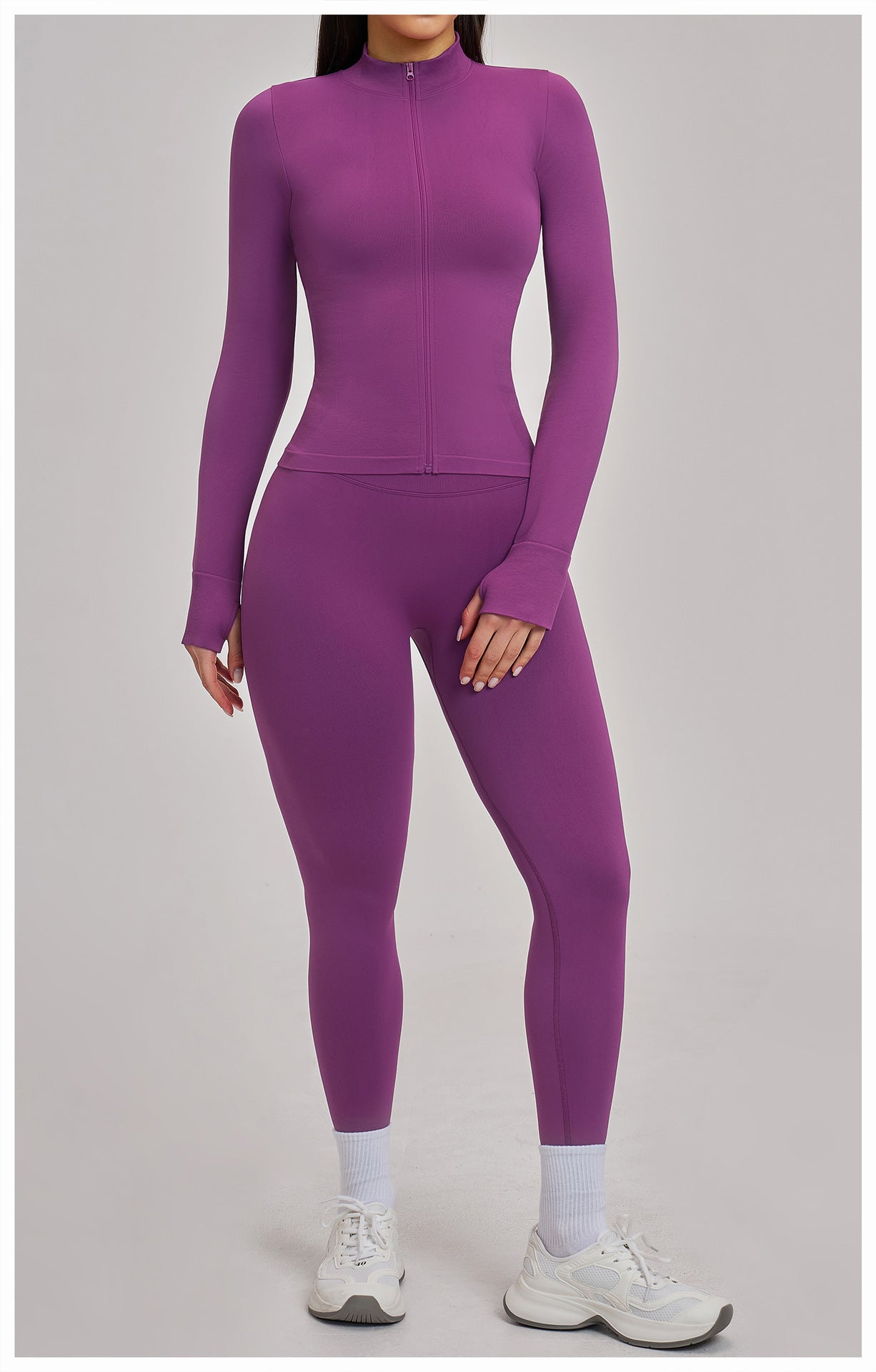 03/2026 Seamless stand-up collar zipper yoga set, windproof, slim fit, warm top, sports running set 7755