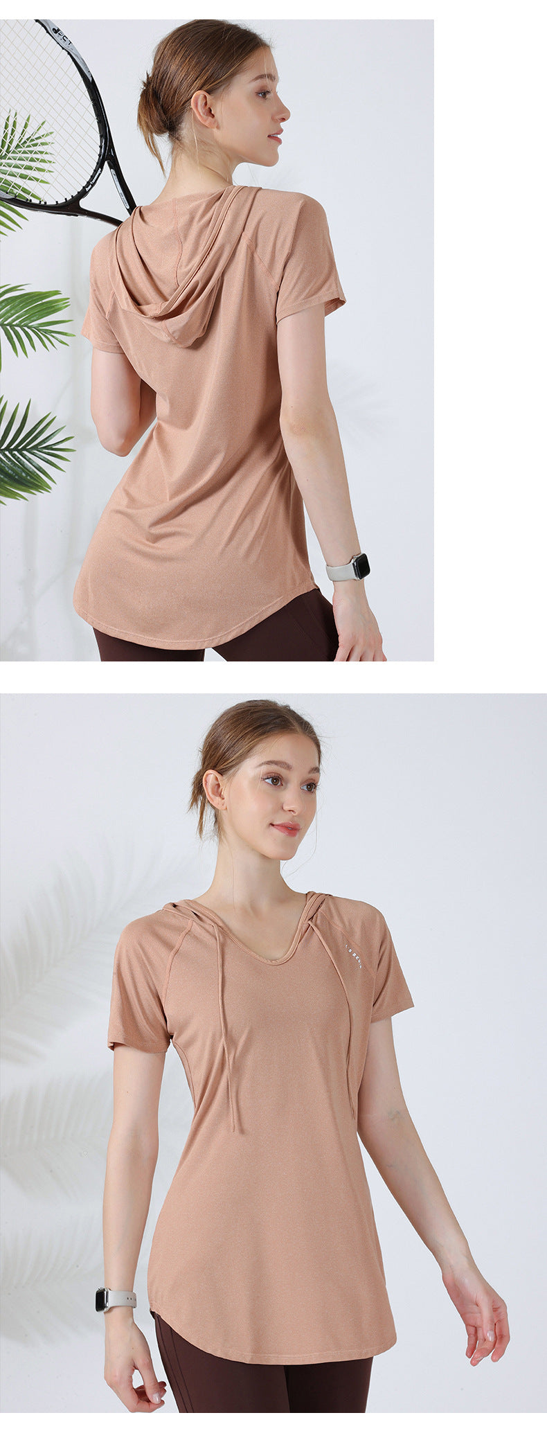 Loose hooded sports top women's short-sleeved T-shirt yoga clothing running fitness clothing