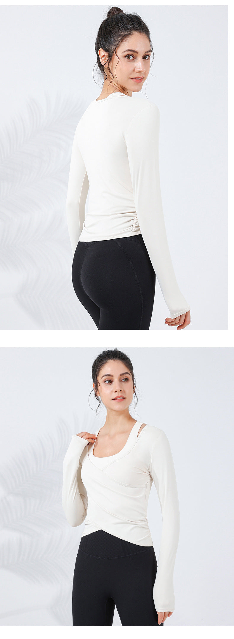 2023.09 New cross slimming running sports net red long-sleeved women's meat cover arc shrunken hem with chest pad fitness clothes