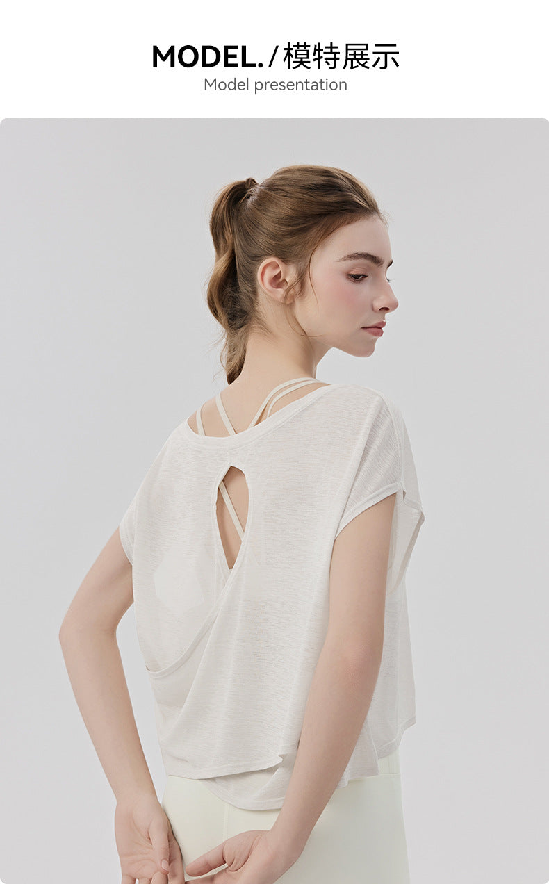 02/2026 Top de yoga holgado para mujer con escote simple, apto para dos usos, camiseta de manga corta casual y deportiva, top de fitness ligero y transpirable para exteriores