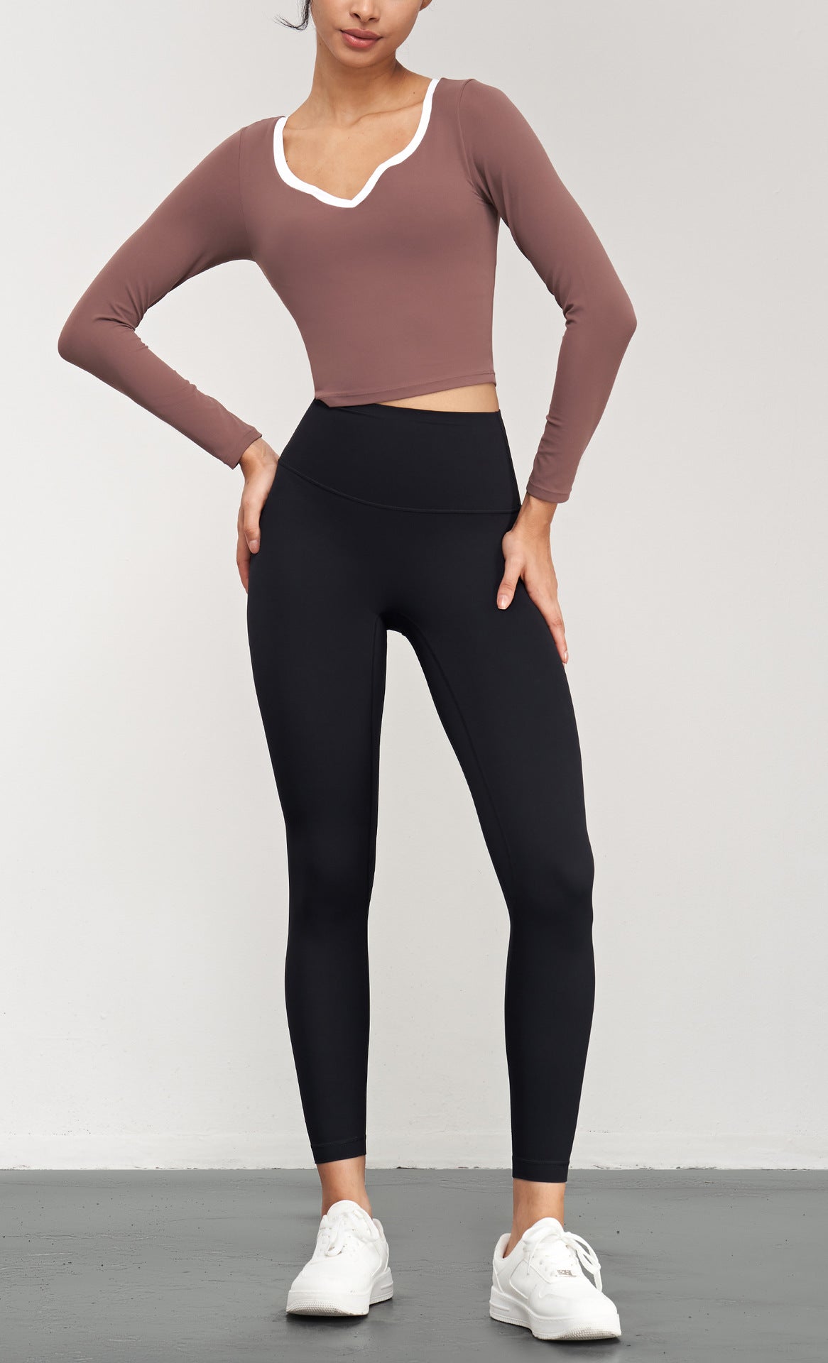 2023.08 NUF contrast color neckline yoga long-sleeved detachable chest pad waist slimming sports top women's breathable perspiration T-shirt