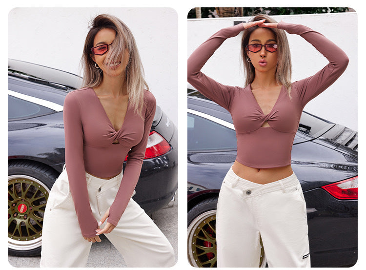 2023.08 Butterfly Knot Pilates Fitness Long Sleeve Women Elastic Tight Comfortable Sports Top With Chest Pad Yoga Clothes