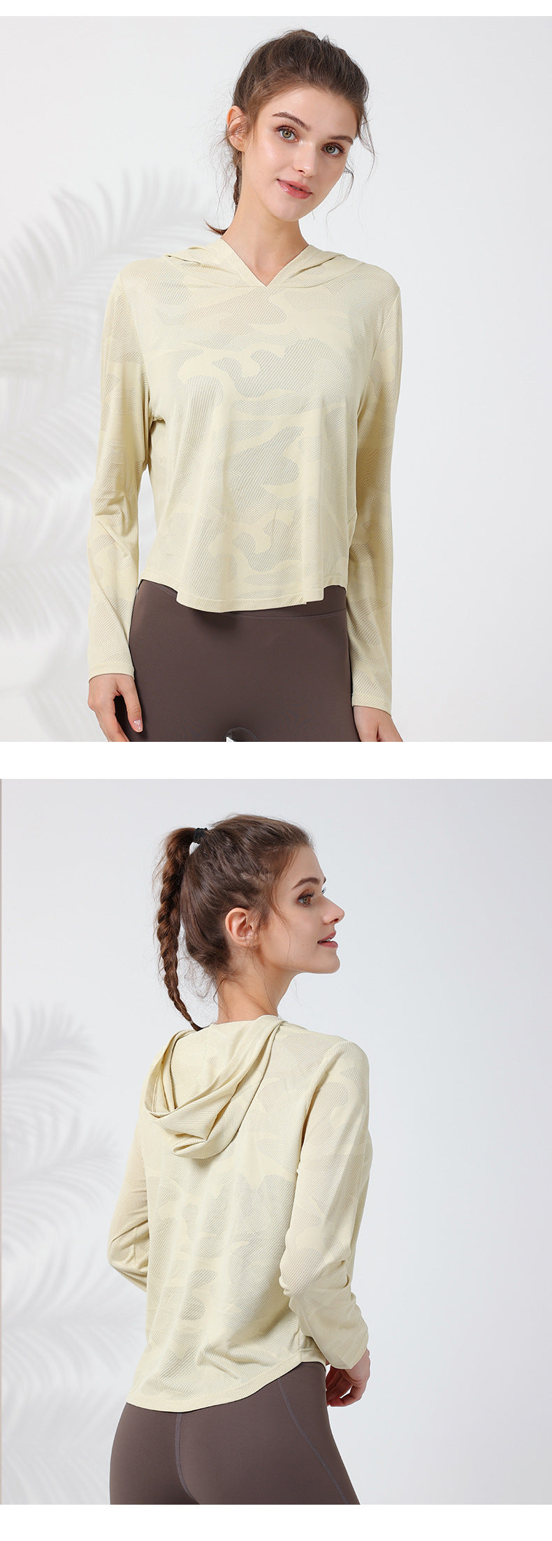 2023.08 New camouflage hooded long-sleeved women's quick-drying breathable curved hem outdoor sports yoga clothing to cover the abdomen and show thin T-shirt