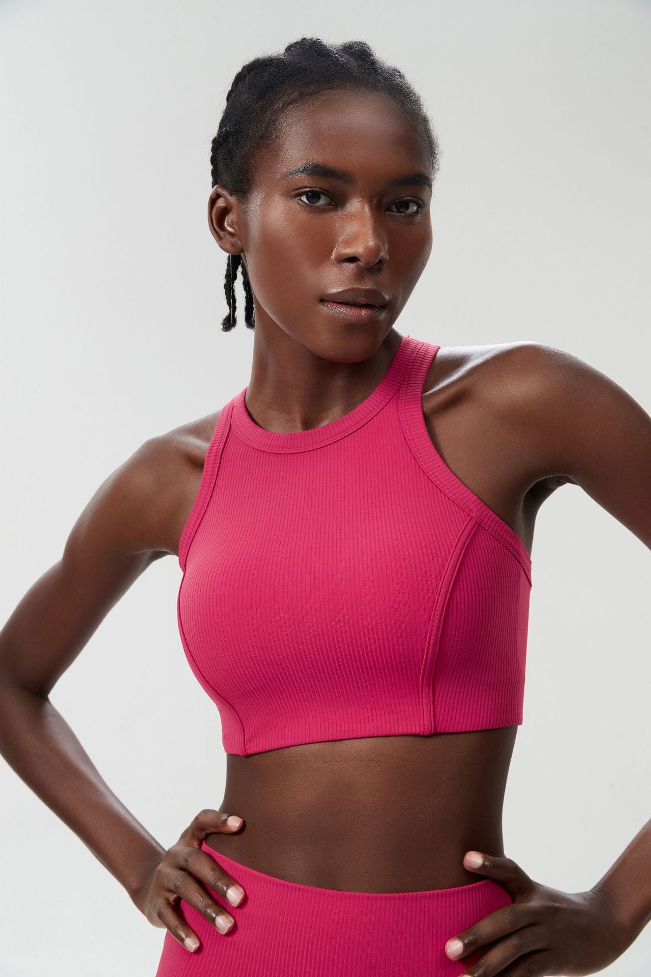 04/2024 ribbed High neck willow strip fan round oxygen cup sports bra women's long yoga fitness vest running bra