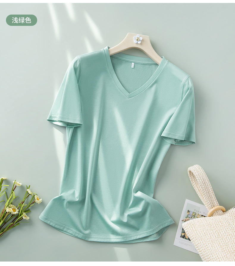 Light luxury mulberry silk short-sleeved t-shirt women's all-match V-neck top 2023 summer new cool V-neck half-sleeved bottoming shirt