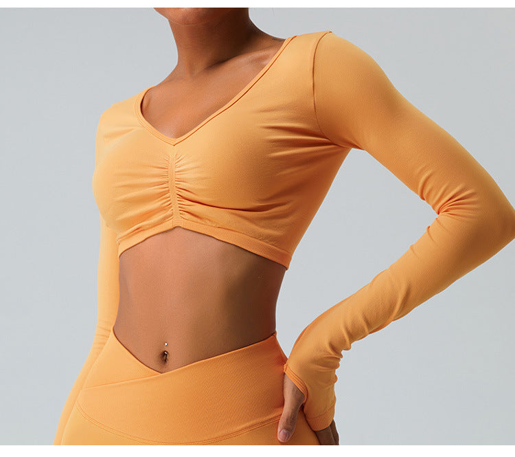 2023.09 Yoga clothes long sleeve set women feel folded yoga top cross belly peach pants fitness clothes