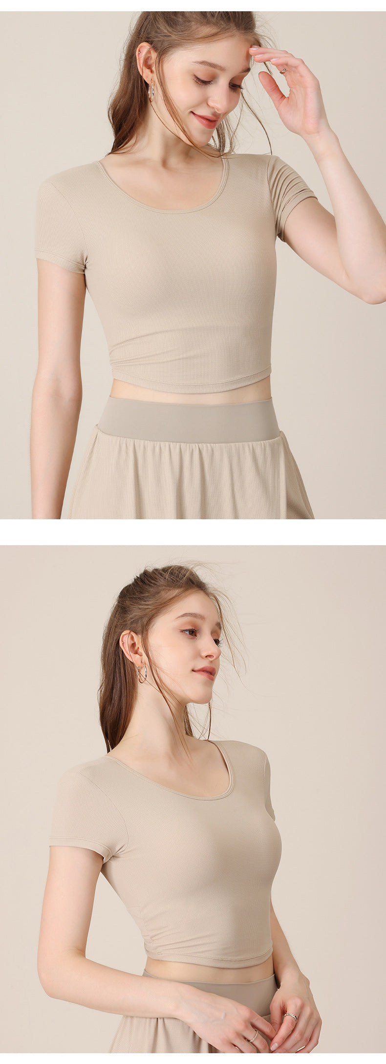 2023.08 Spring and summer new cool feeling yoga clothing tight sports top female beauty back short section with chest pad seamless fitness short sleeves