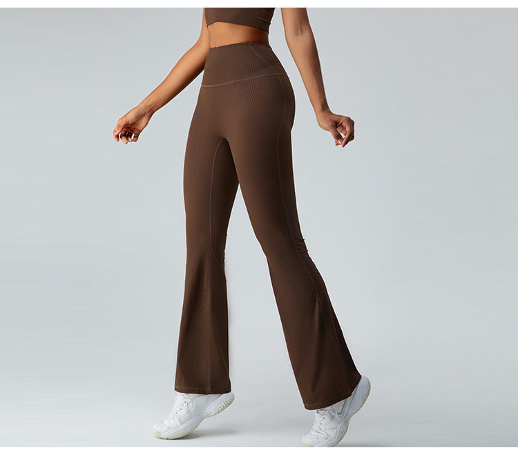 2023.09 ribbed Thread high waist yoga bell-bottom pants for women without T line belly pull-in micro dry sports running fitness pants
