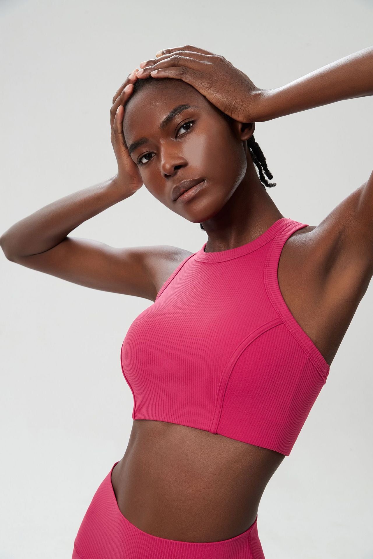04/2024 ribbed High neck willow strip fan round oxygen cup sports bra women's long yoga fitness vest running bra