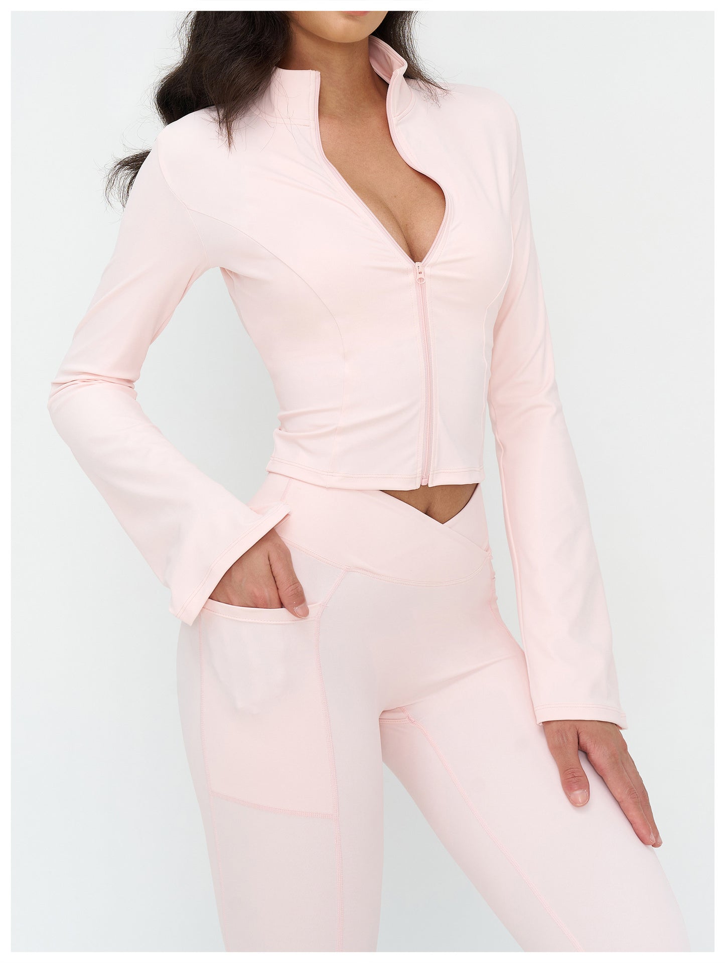 12/2025 Yoga coat, stand-up collar, zipper, flared sleeve, fashionable coat, outdoor running sports top, women 4518