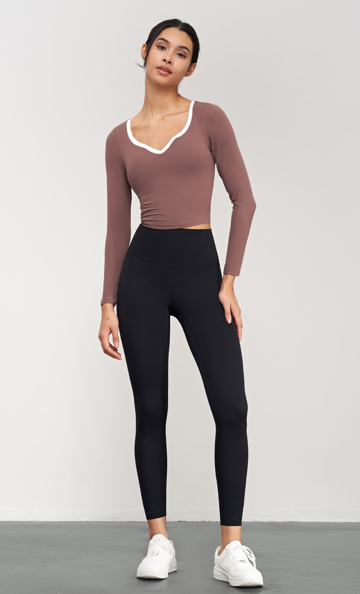 2023.08 NUF contrast color neckline yoga long-sleeved detachable chest pad waist slimming sports top women's breathable perspiration T-shirt