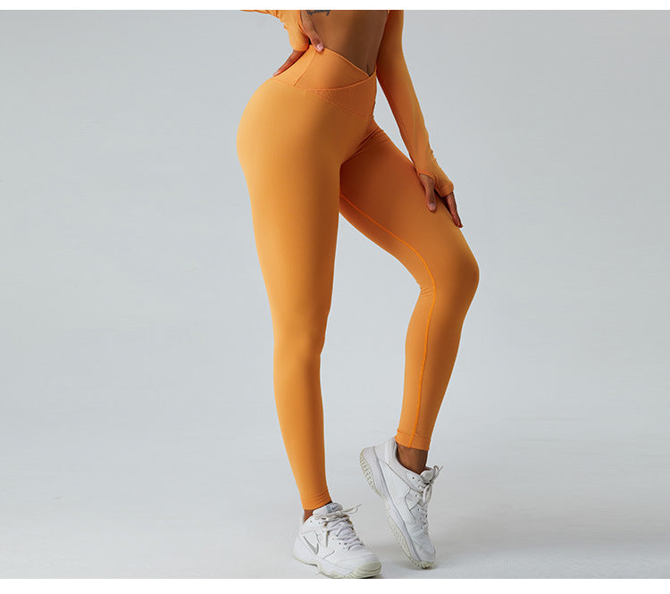 2023.09 High waist cross abdominal yoga pants women seamless hip lift peach pants outdoor sports quick dry running fitness pants