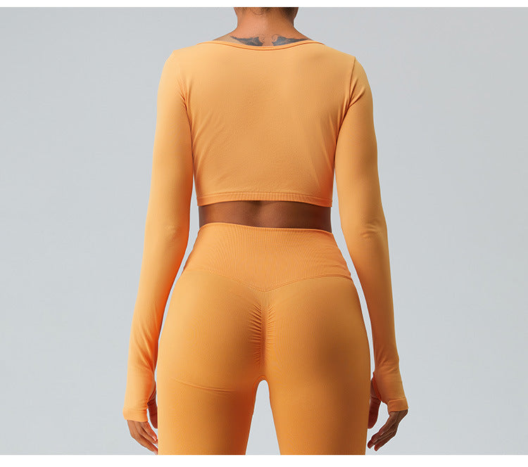2023.09 Yoga clothes long sleeve set women feel folded yoga top cross belly peach pants fitness clothes