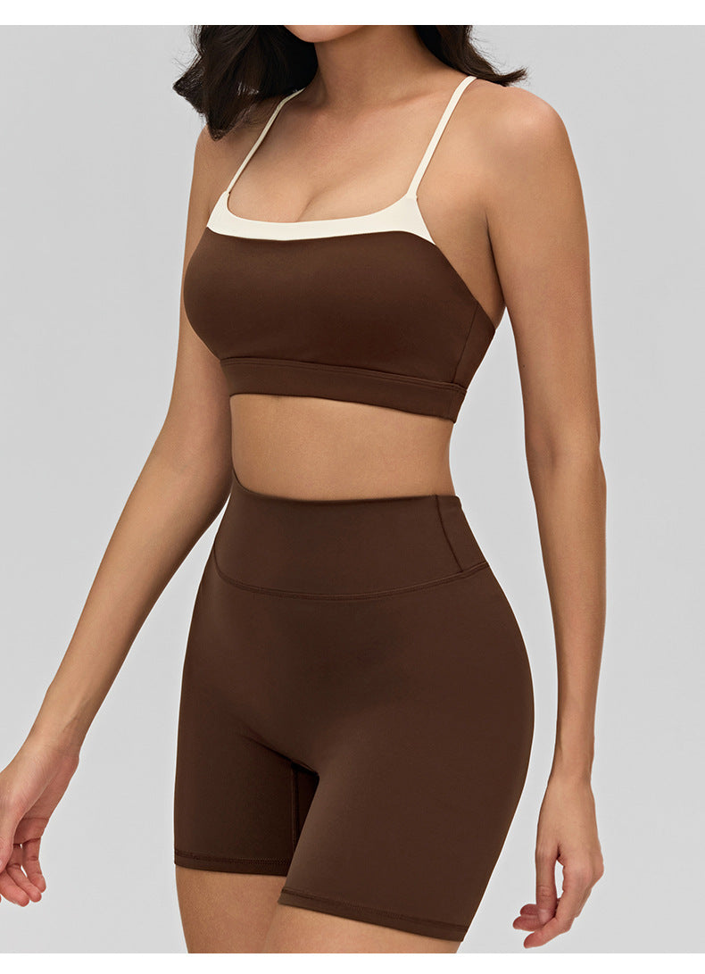 02/2026 Women's yoga lingerie, color-blocked crisscross thin straps, backless sports bra, suitable for layering or wearing as outerwear, fitness top.