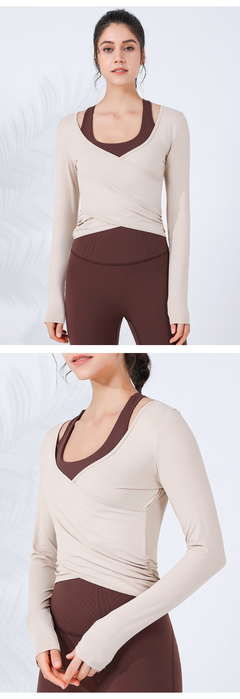 2023.09 New cross slimming running sports net red long-sleeved women's meat cover arc shrunken hem with chest pad fitness clothes