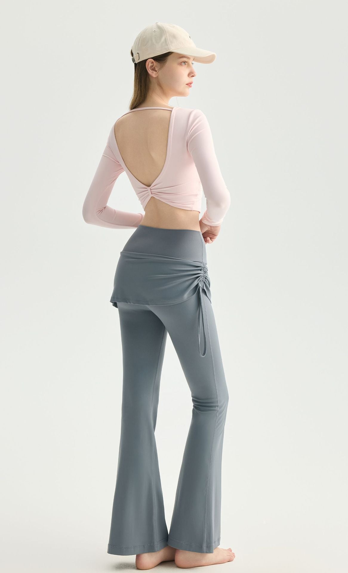 02/2026 Pilates shaping yoga pants with long sleeves, knotted pleated design, beautiful back, sexy girl style, fashionable sports and fitness wear