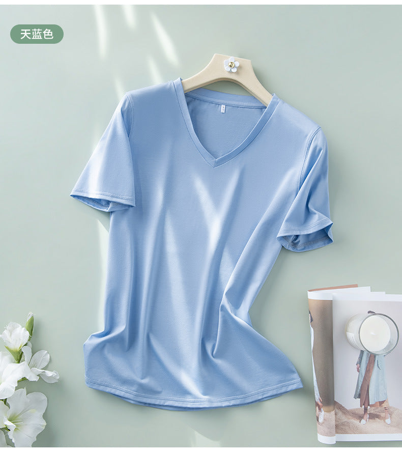 Light luxury mulberry silk short-sleeved t-shirt women's all-match V-neck top 2023 summer new cool V-neck half-sleeved bottoming shirt