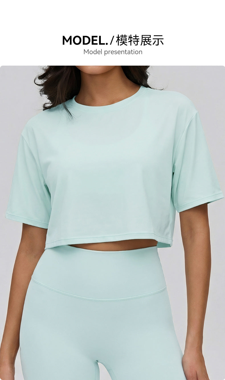 02/2026 Spring and Summer New Style Yoga Clothes - Short-Sleeved Women's Loose-Fitting Slimming and Concealing Muscle-Turning Sports T-shirts - Short Style Lightweight and Breathable Fitness Tops