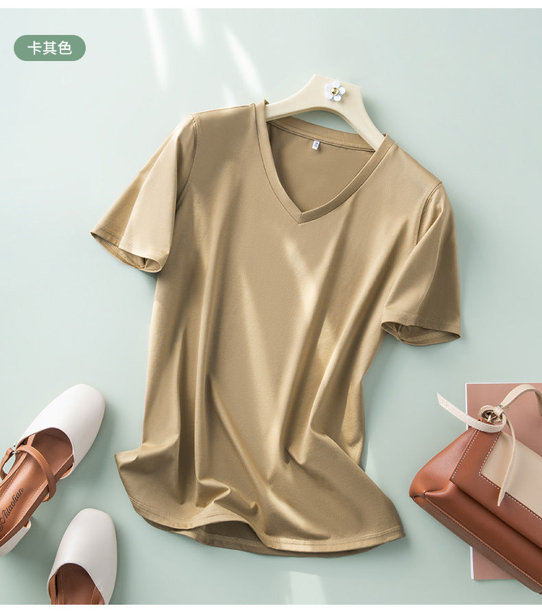 Light luxury mulberry silk short-sleeved t-shirt women's all-match V-neck top 2023 summer new cool V-neck half-sleeved bottoming shirt
