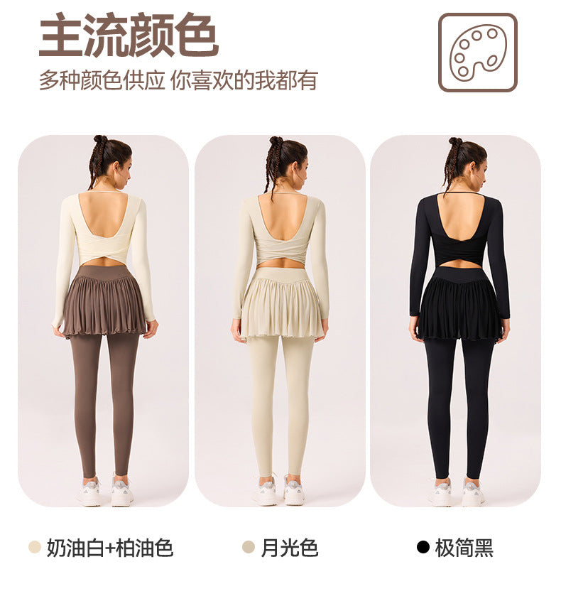 09/2025 Autumn and winter vacation two-piece sports trousers skirt can be worn outside the gym quick-drying running yoga T-shirt beautiful back breathable long sleeves