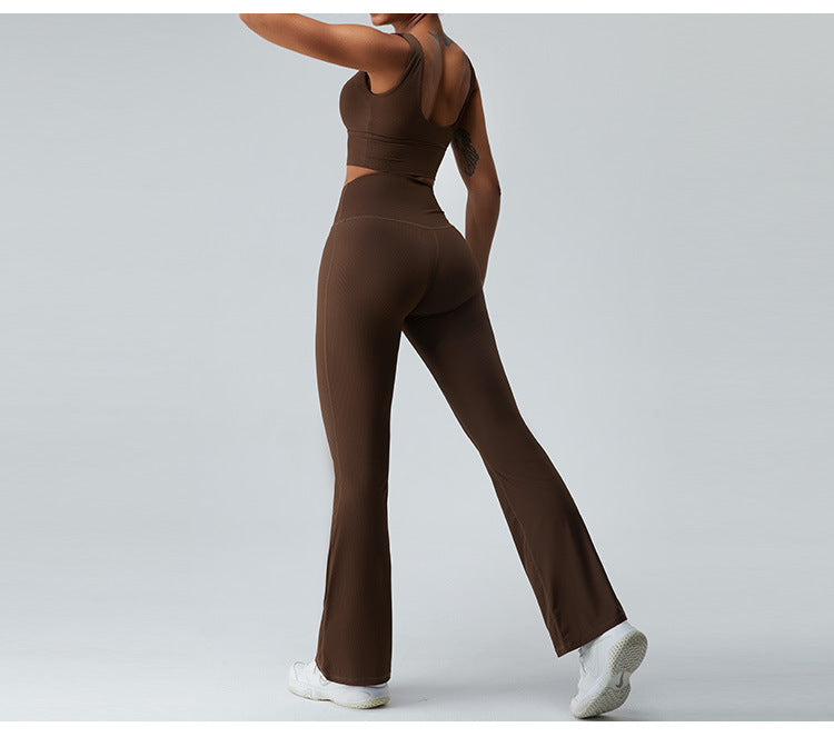 2023.09 ribbed Thread high waist yoga bell-bottom pants for women without T line belly pull-in micro dry sports running fitness pants