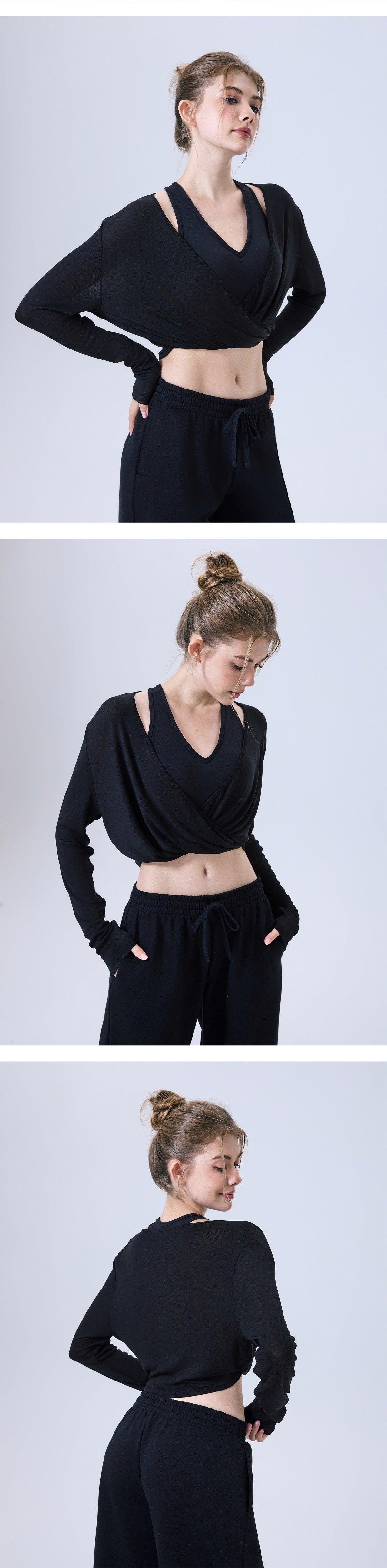 09/2025 Knotted cotton jersey slim-fit women's outerwear fitness clothing for running, yoga, long-sleeved training and sports T-shirt pullover