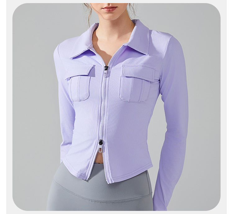 23.08 Autumn and winter lapel slim pocket long-sleeved yoga clothing front zipper sports jacket slim running fitness clothing top women