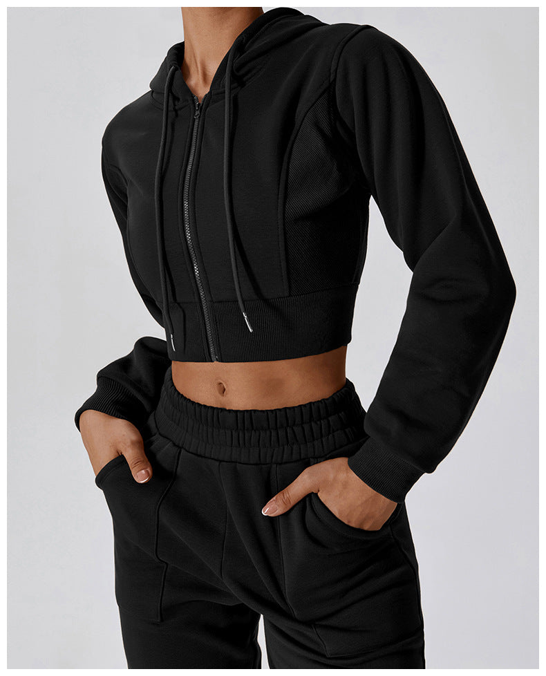 2023.08 casual loose long-sleeved sweater jacket women's zipper plus velvet warm hooded fitness sports sweater 8217