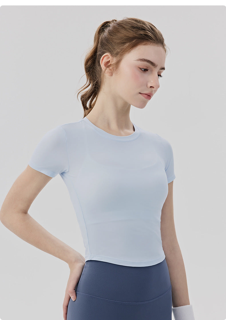 01/2026 Pilates Yoga Short-Sleeve Round Neck Fitted Slimming Sports T-Shirt Lightweight Comfortable Fitness Top
