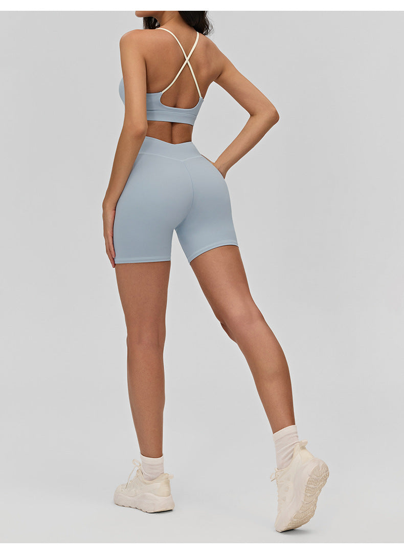 02/2026 Women's yoga lingerie, color-blocked crisscross thin straps, backless sports bra, suitable for layering or wearing as outerwear, fitness top.