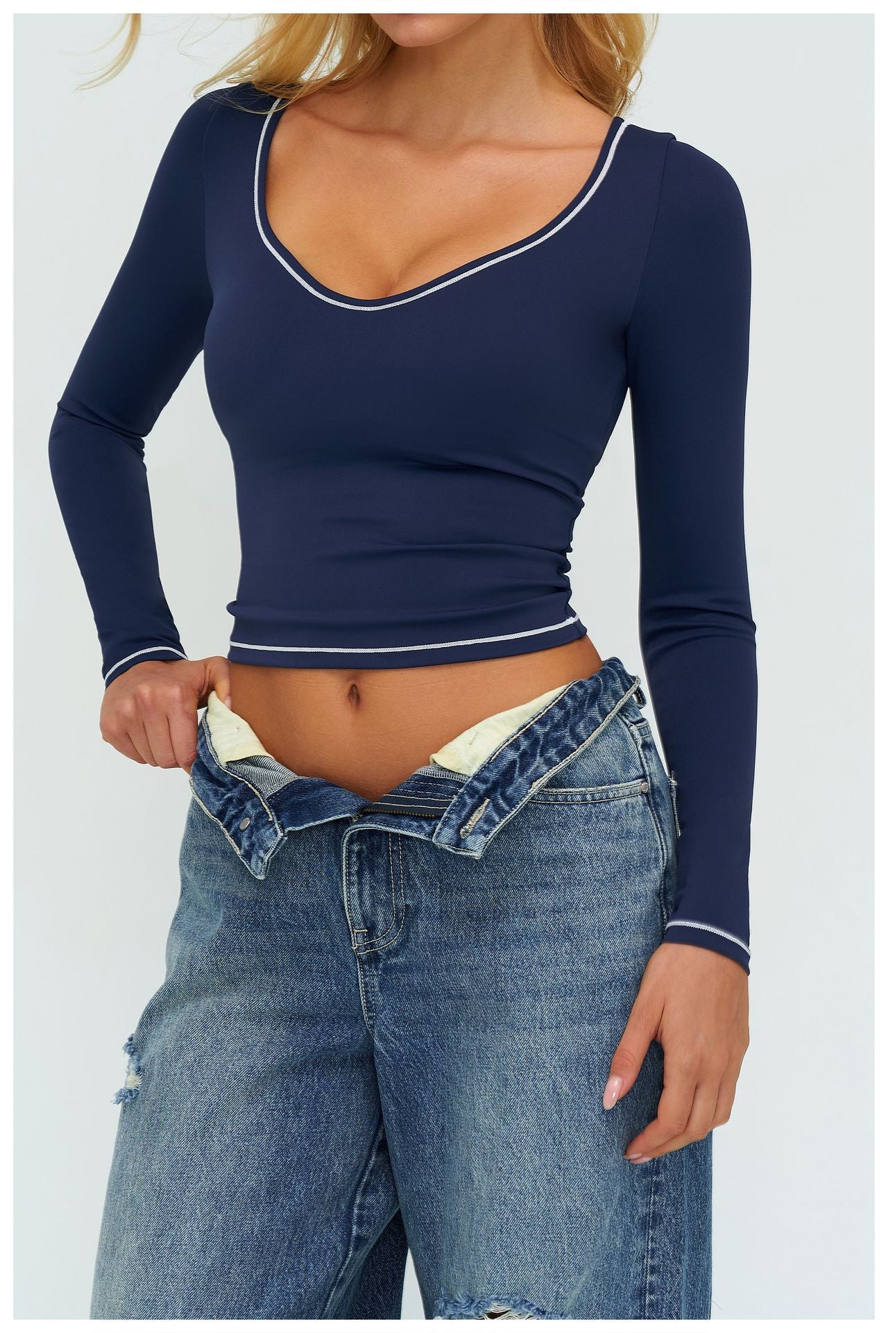 11/2025 Autumn/Winter Yoga Long-Sleeved Color-Blocked Brushed Fleece Slim Fit Fashion T-Shirt Outdoor Running Sports Long-Sleeved Top 7028