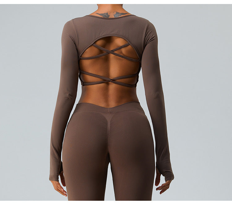 2023.09 yoga sets Autumn and winter new long sleeve yoga suit for women seamless sexy cross back peach hip lift yoga pants