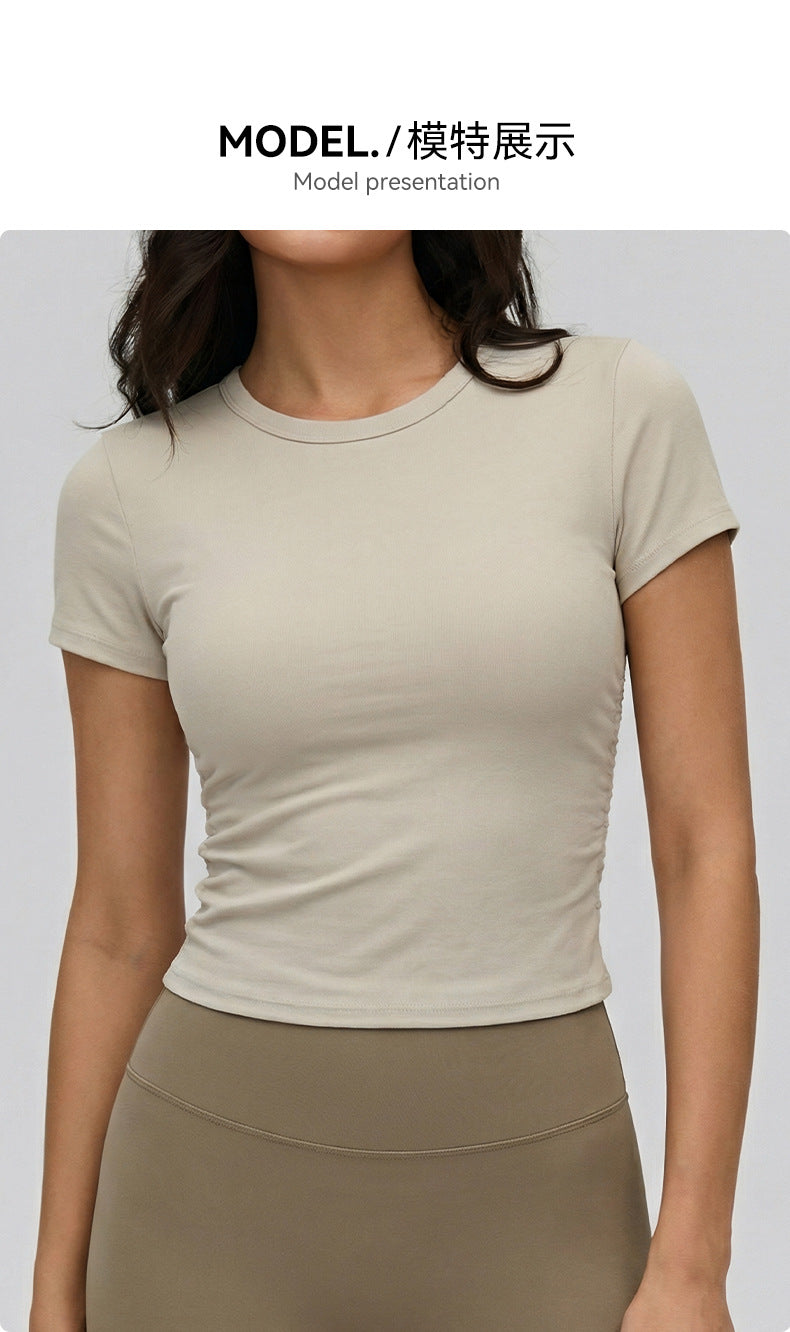 03/2026 Spring/Summer Round Neck Yoga Short Sleeve Women's Double-Ruffled Slimming Fitness Top Nude Fit Sports T-Shirt