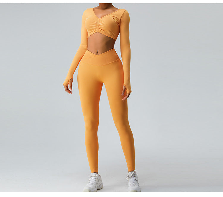 2023.09 Yoga clothes long sleeve set women feel folded yoga top cross belly peach pants fitness clothes