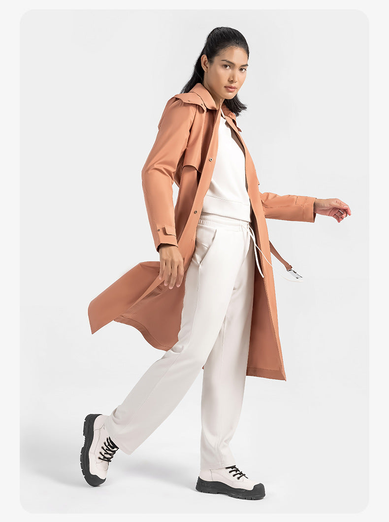 2023.09 Waterproof and windproof SBS zipper detachable hooded jacket buckle waist heat seal lapel long women's trench coat
