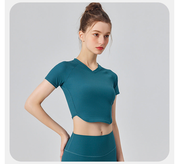 23.07 Thin ribbed yoga clothing women's top running short-sleeved t-shirt tight-fitting quick-drying sweat-absorbing short section navel v-neck training fitness clothing