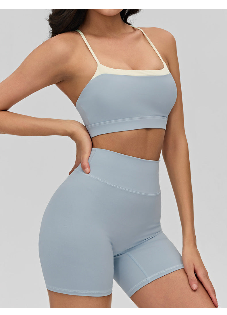 02/2026 Women's yoga lingerie, color-blocked crisscross thin straps, backless sports bra, suitable for layering or wearing as outerwear, fitness top.