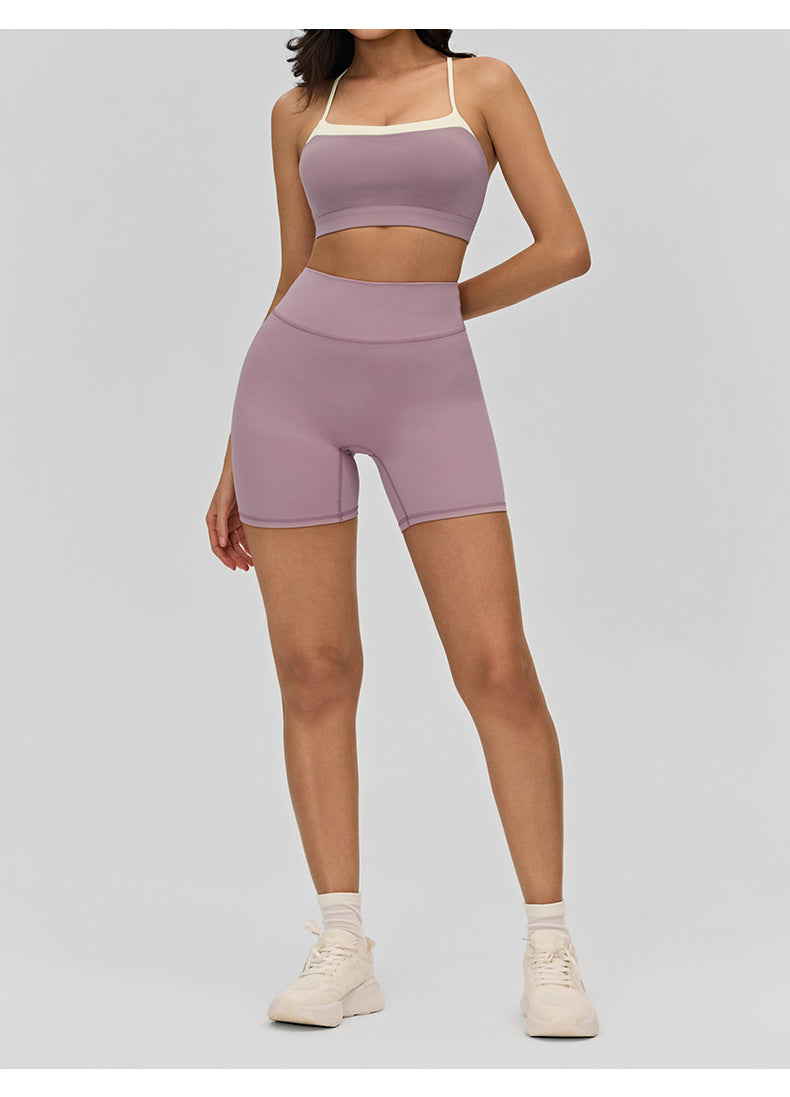 02/2026 Women's yoga lingerie, color-blocked crisscross thin straps, backless sports bra, suitable for layering or wearing as outerwear, fitness top.