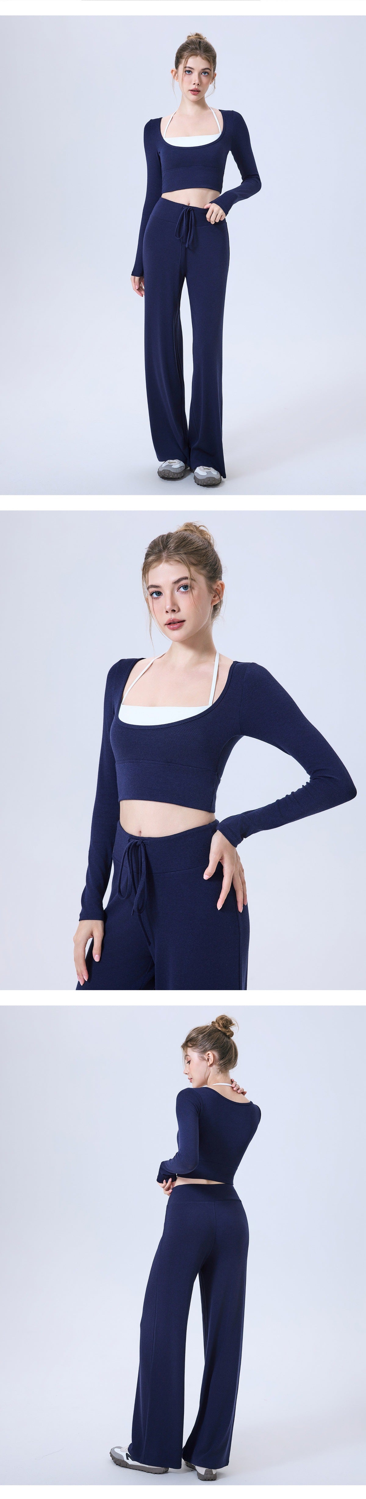 09/2025 Contrasting-color yoga pants with long sleeves, semi-fixed cup running slim-fit sports bra, breathable fitness top