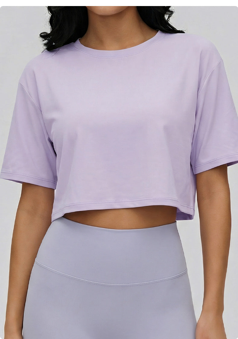 02/2026 Spring and Summer New Style Yoga Clothes - Short-Sleeved Women's Loose-Fitting Slimming and Concealing Muscle-Turning Sports T-shirts - Short Style Lightweight and Breathable Fitness Tops