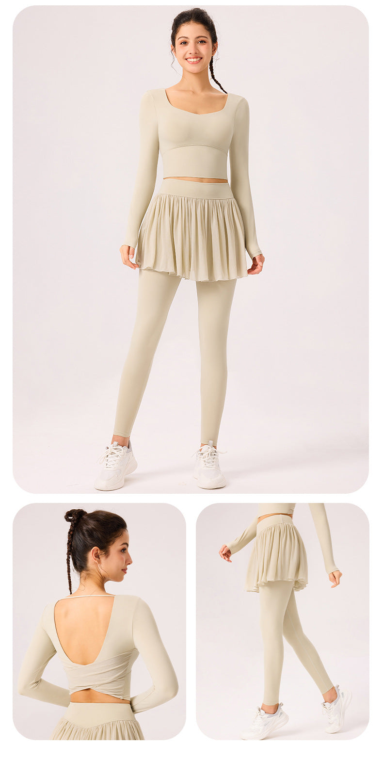 09/2025 Autumn and winter vacation two-piece sports trousers skirt can be worn outside the gym quick-drying running yoga T-shirt beautiful back breathable long sleeves