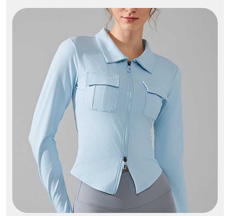 23.08 Autumn and winter lapel slim pocket long-sleeved yoga clothing front zipper sports jacket slim running fitness clothing top women