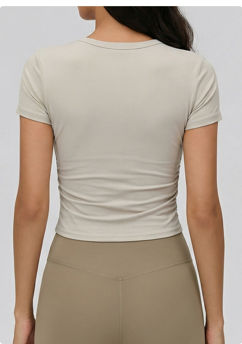 03/2026 Spring/Summer Round Neck Yoga Short Sleeve Women's Double-Ruffled Slimming Fitness Top Nude Fit Sports T-Shirt