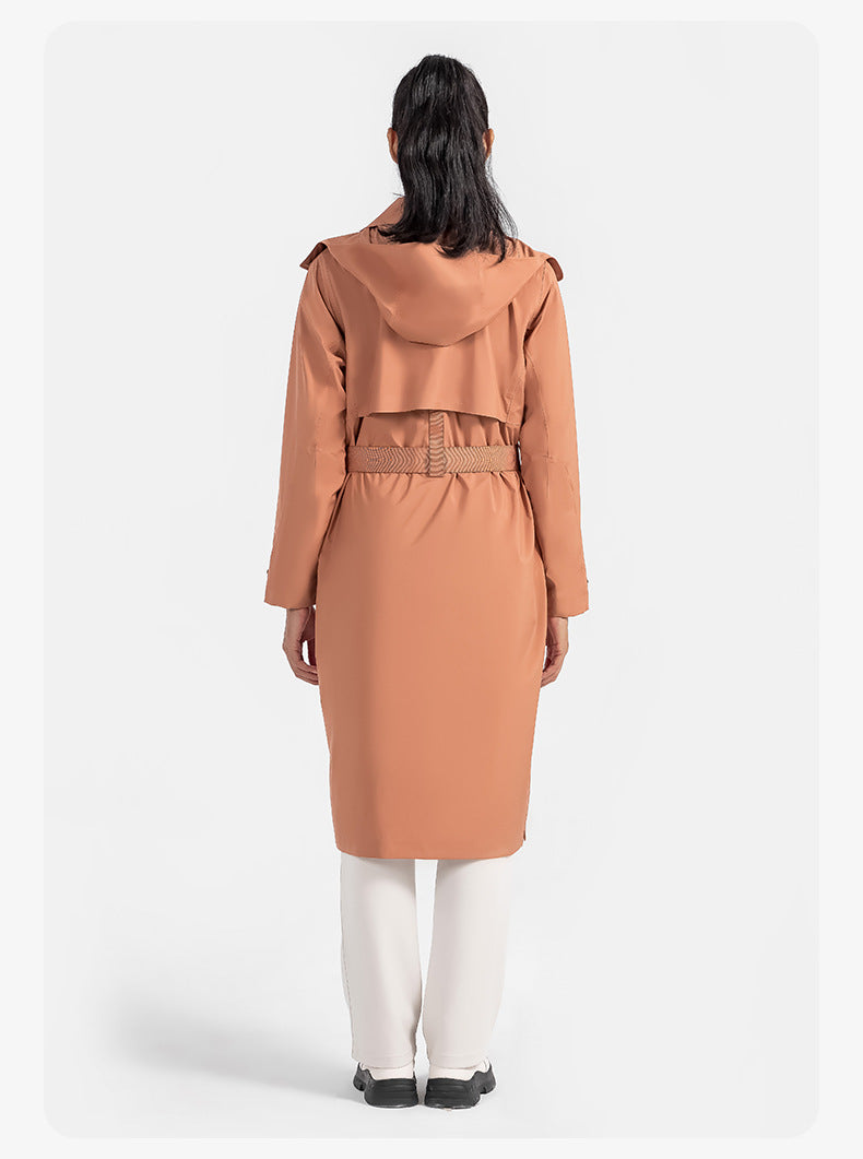 2023.09 Waterproof and windproof SBS zipper detachable hooded jacket buckle waist heat seal lapel long women's trench coat