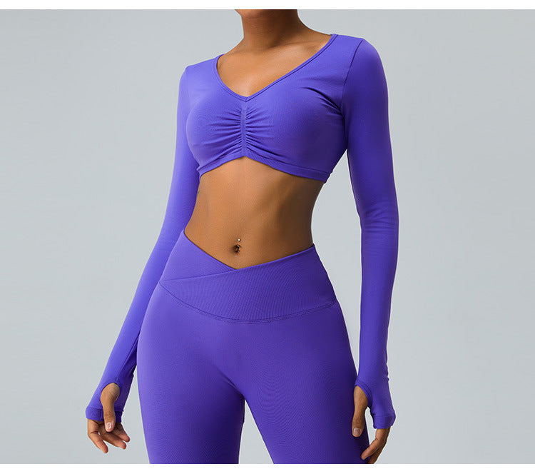2023.09 Yoga clothes long sleeve set women feel folded yoga top cross belly peach pants fitness clothes