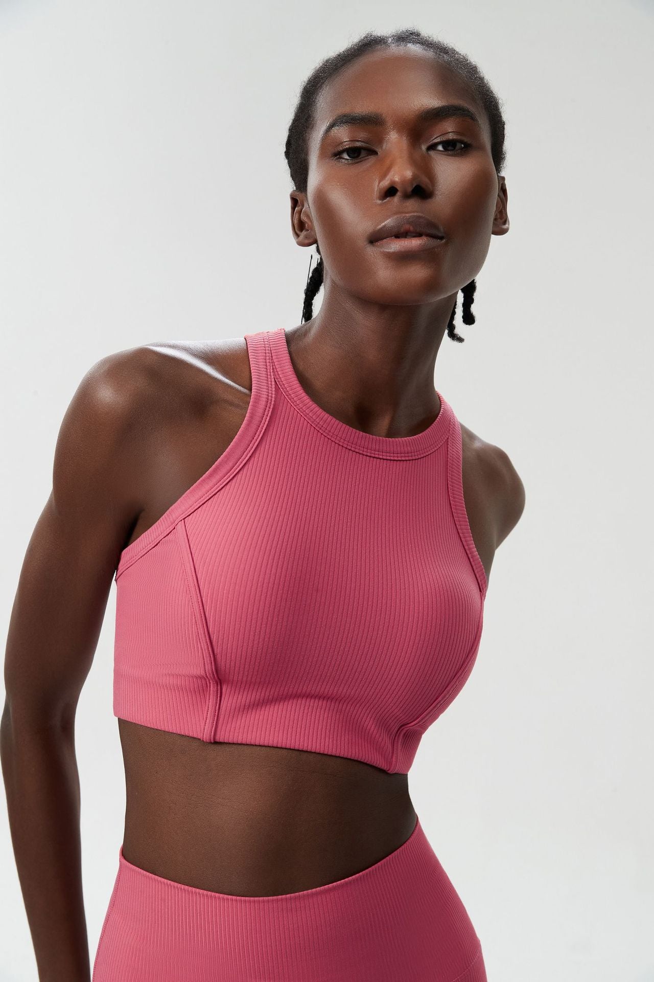 04/2024 ribbed High neck willow strip fan round oxygen cup sports bra women's long yoga fitness vest running bra