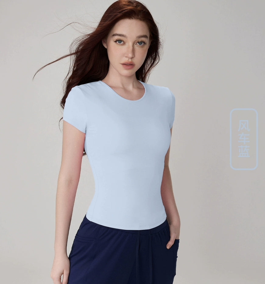 10/2024 Round neck casual sports short sleeve waist waist slim breathable yoga T-shirt outdoor running training nude fitness top