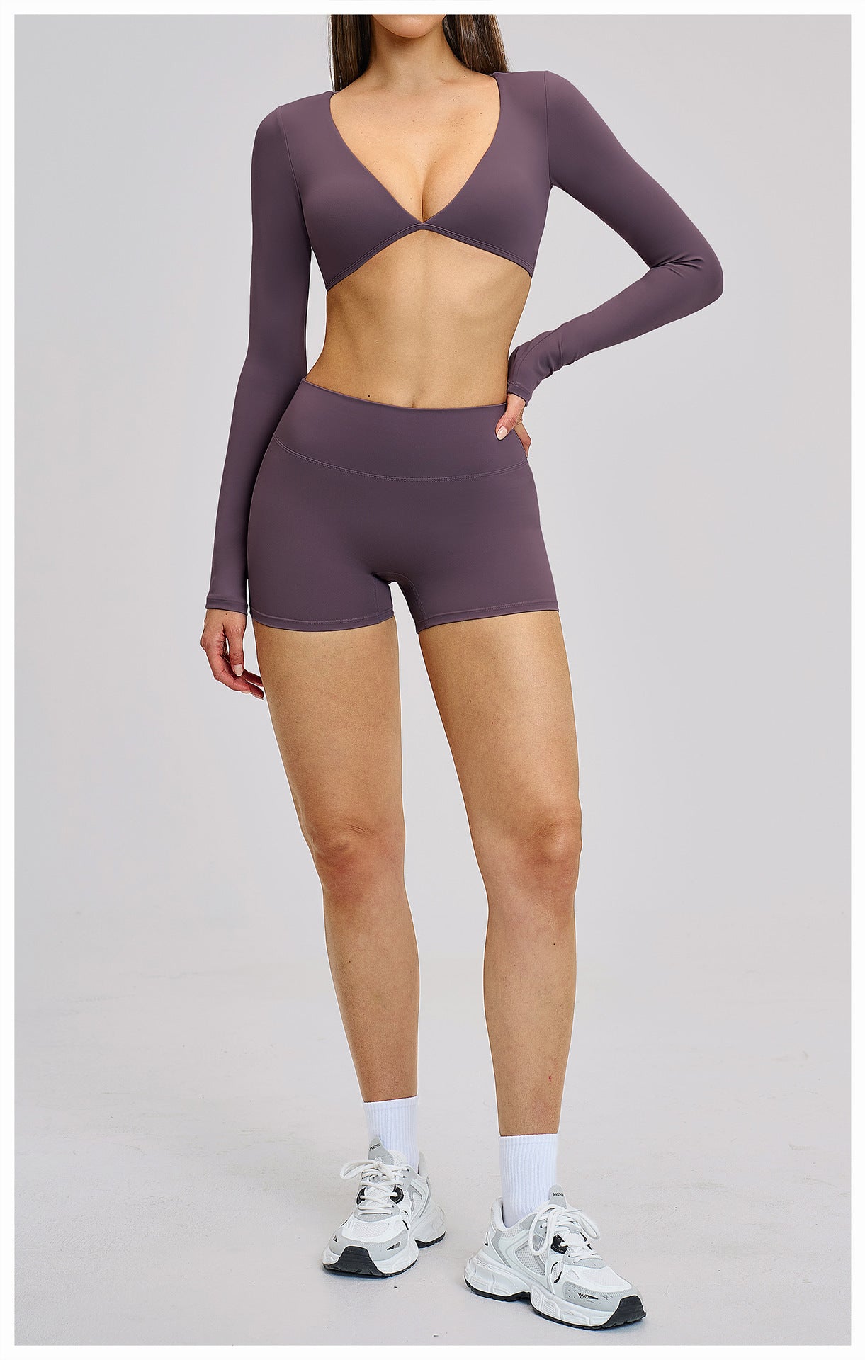 03/2026 Traje de yoga de manga larga estilo europeo y americano, traje deportivo de fitness con cuello halter para correr, ropa de yoga sin espalda cepillada 4201
