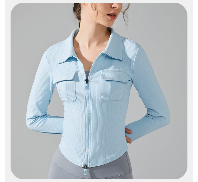 23.08 Autumn and winter lapel slim pocket long-sleeved yoga clothing front zipper sports jacket slim running fitness clothing top women