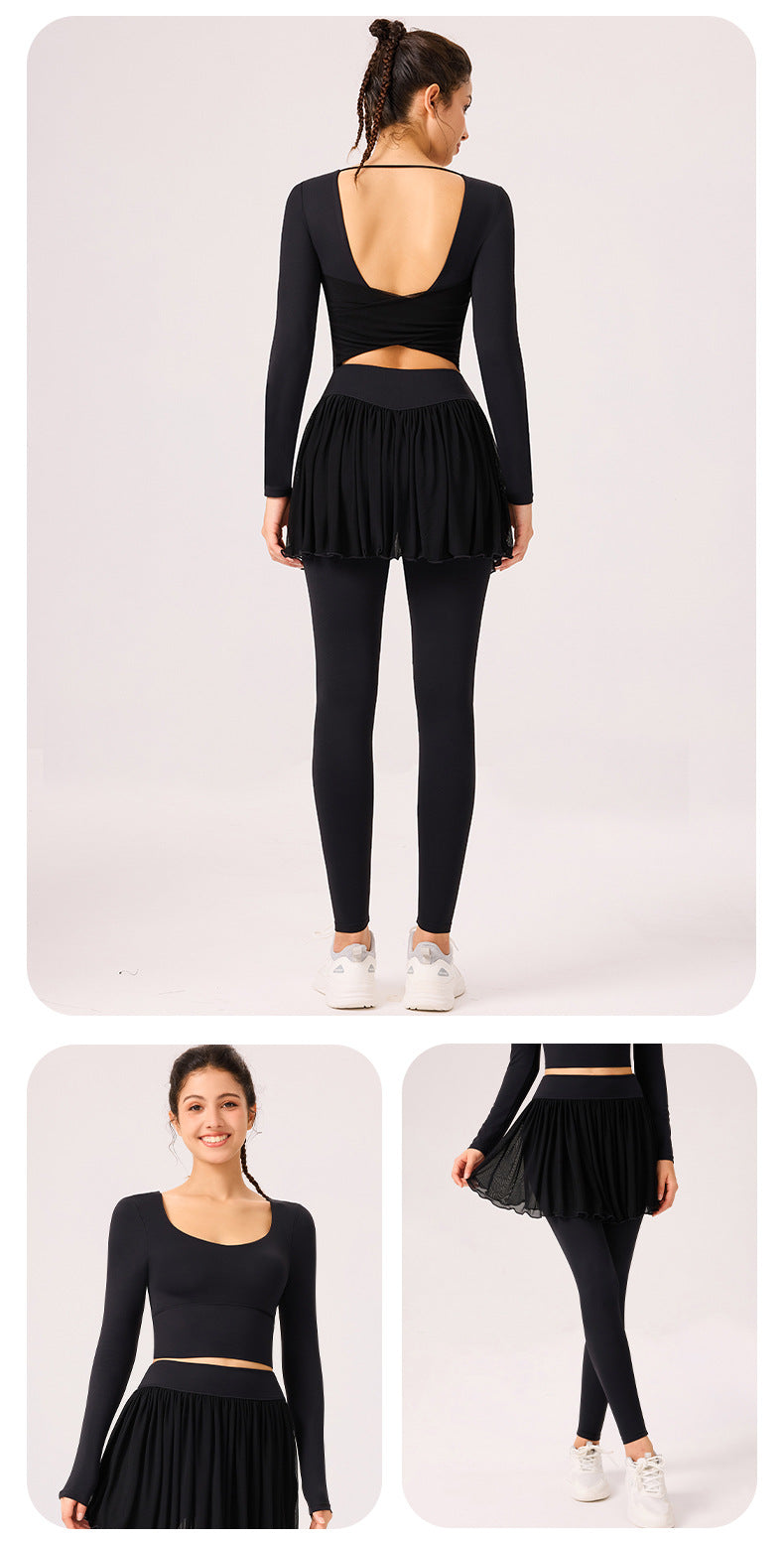 09/2025 Autumn and winter vacation two-piece sports trousers skirt can be worn outside the gym quick-drying running yoga T-shirt beautiful back breathable long sleeves